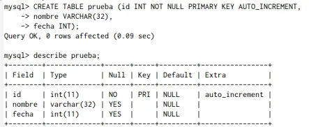 Tabla "prueba" creada en MySQL mediante la terminal.